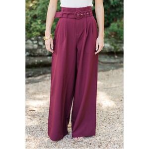 Shop The Mint Burgundy High Waisted Wide Leg Belted Paperbag Pants Small